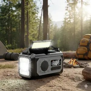 12000mAh Solar Power Bank Radio Flashlight, Solar Rechargeable Searchlight, AM/FM NOAA Weather Alert with Hand Crank, Bright LED Light for Outdoor Survival Gear, SOS Emergency Light