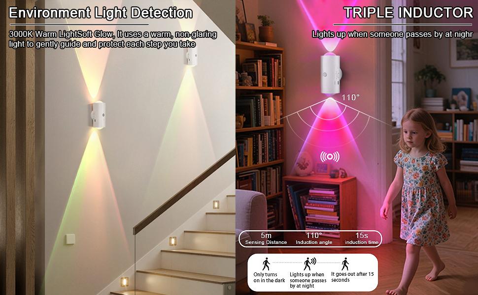 ISUNMEA 2 Pack LED Motion Sensor Night Light, Color-Rechargeable Battery Stair Light, Wireless Magnetic Wall Lamp, Cordless LED Wall Night Lights for Steps, Bedroom, Hallway, Courtyard, Holiday Decor