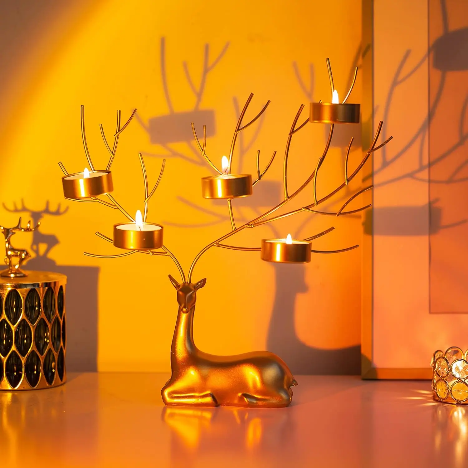 Gold Christmas Deer Tealight Holder - 5 Metal Candlesticks Stand for Dinning Room Table Centerpieces, 3D Tree Shaped Wedding Party Decorations, Safe Fine Metal Xmas Decorative Candle Holders