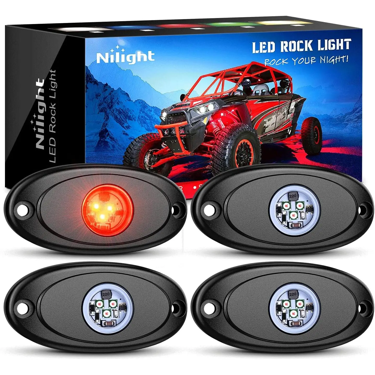 Nilight 4PCS Red LED Off Road Rock Lights - Waterproof, Under Body/Wheel Well Lights for Cars, Off Road Vehicles (Exterior & Interior Use), Off Road Lights