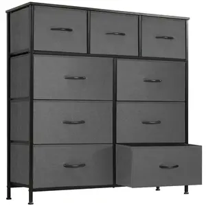 9-Drawer Dresser, Fabric Storage Tower for Bedroom, Hallway, Entryway, Closet, Tall Chest Organizer Unit with Fabric Bins, Steel Frame, Wood Top, Easy Pull Handle, Dark Grey  9-Drawer Dresser, Fabric Storage Tower for Bedroom, Hallway, Entryway