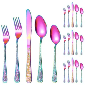 Stainless Steel Vintage Engraved Cutlery Set, 20pcs/set Including Knife & Fork & Spoon, Tableware Set for Home Kitchen Dining Room