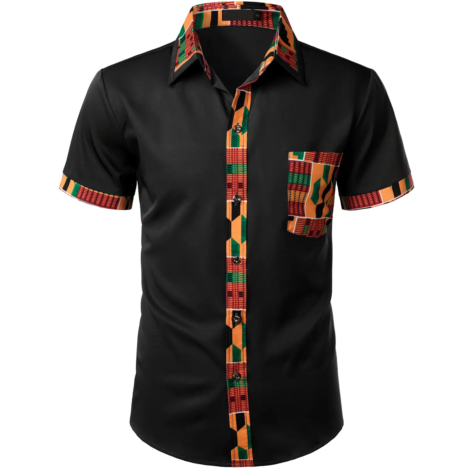 ZEROYAA Men's African Printed Patchwork Short-Sleeve Button-Up Dress Shirt, 4th July Themed Denim Fabric Graphic Top, Toby Keith Inspired Casual Ethnic Menswear, Tops, Stylish, Fashion, Retro