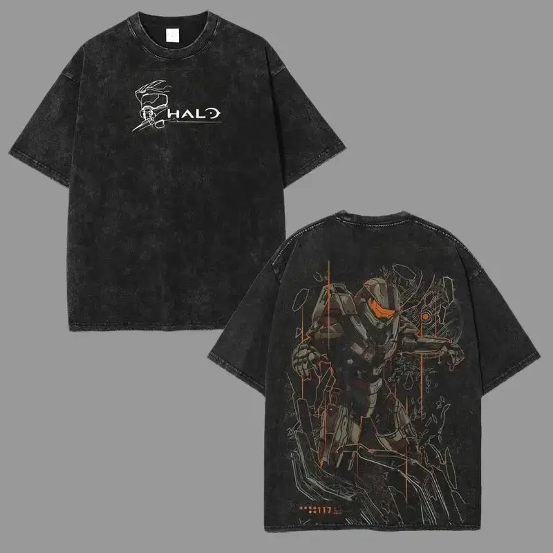 Men's Oversized Halo Unisex Acid Washed Lightweight Cotton Short-Sleeve T-Shirt - Double Printed, Straight Top, Streetwear Gift for Game Fans