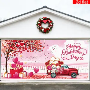 2D Flat, 2D Door Banner, Party Decorations Banners, 1pc Happy Valentine's Day Garage Door Cover Party Banner Features Romantic Heart Gift Box and Vintage Red Pickup Truck Design Hanging Decoration for Couples' Dates, Outdoor Wall Hanging
