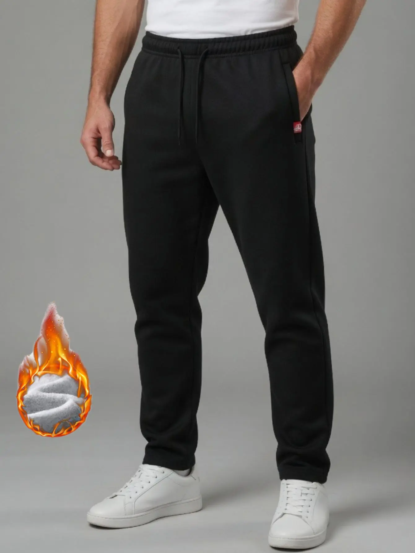 Men’s fleece sweatpants, winter warm drawstring straight-leg athletic casual long pants