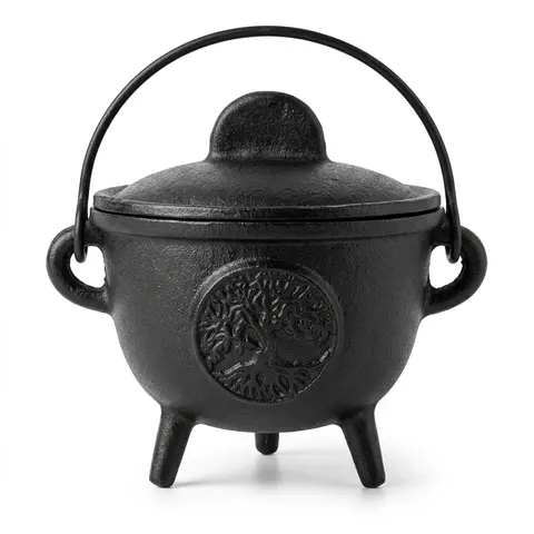 5-Inch Diameter Western Irish Tree of Life Cast Iron Cauldron with Lid - Scented Home Fragrance Pot, Even Heat Distribution, Sand/Salt Insulation, Direct Flame-Safe