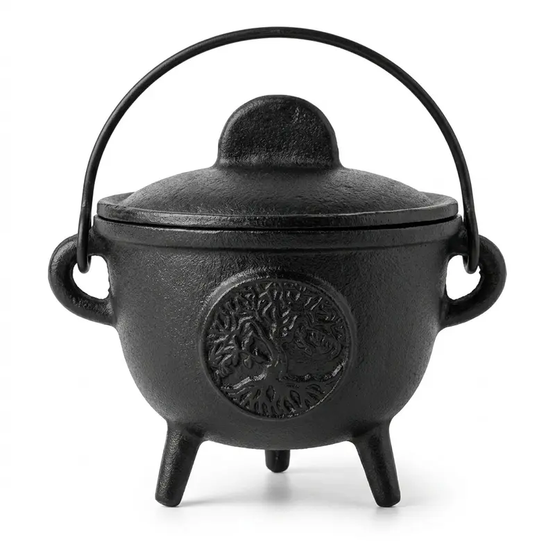 5-Inch Diameter Western Irish Tree of Life Cast Iron Cauldron with Lid - Scented Home Fragrance Pot, Even Heat Distribution, Sand/Salt Insulation, Direct Flame-Safe