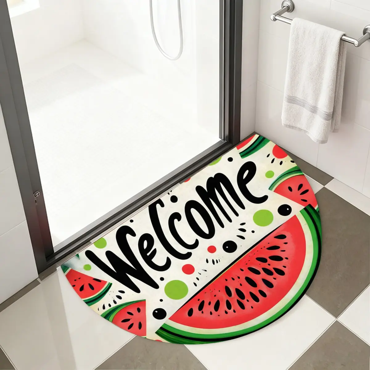 1pc Half Round Entrance Mat Fruit Watermelon Pattern Welcome Decorative Rug Bedroom Courtyard Laundry Room Bathroom Doormat, Multi-Scene Use, Ideal for Home Lovers
