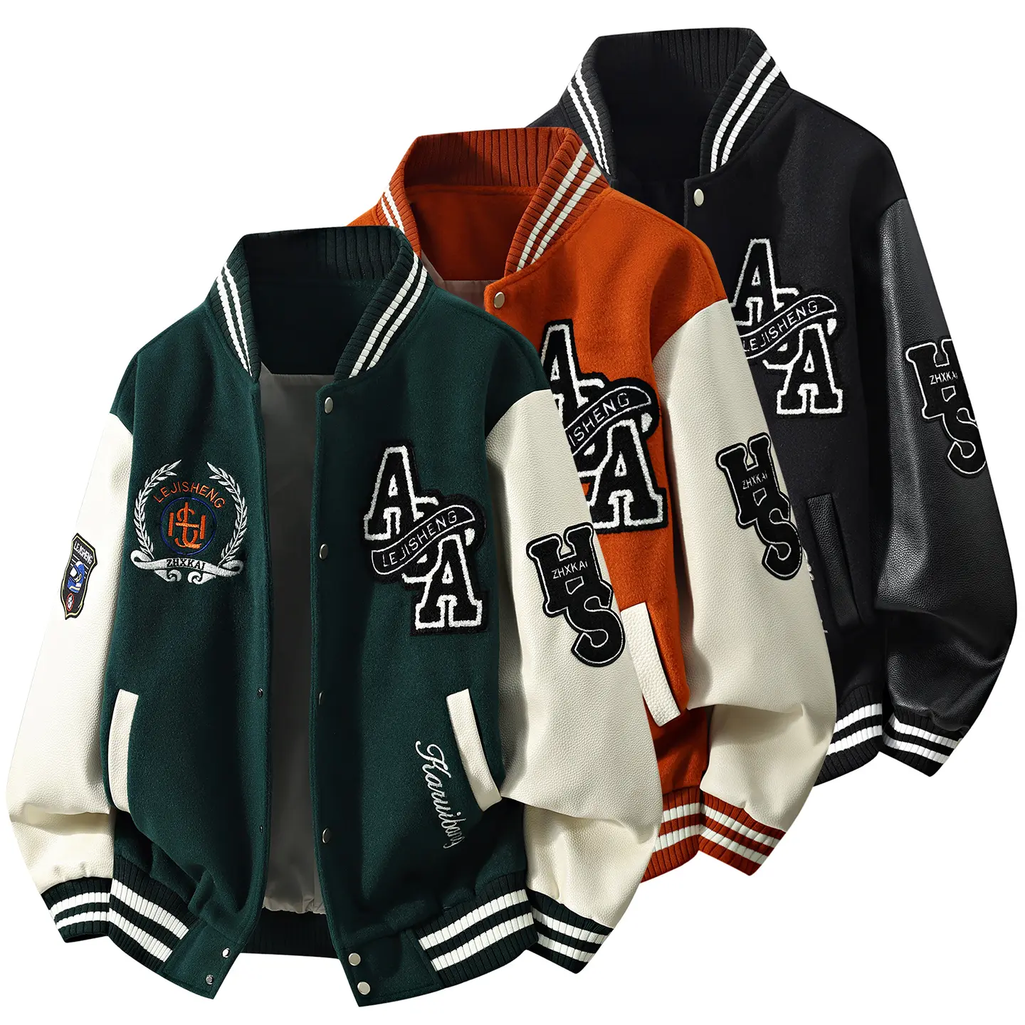 Color Block Varsity Bomber Jacket Unisex Faux Leather Sleeves Wreath Patch Badge Embroidery Ribbed Collar Cuff Lined Baggy Retro Hip Hop Casual Coat