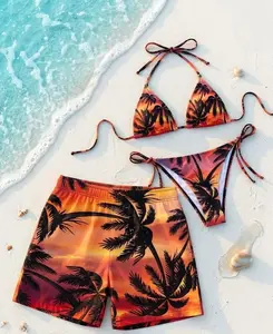 Matching Couple Swimwear, Tropical Sunset Palm Bikini and Trunks Set