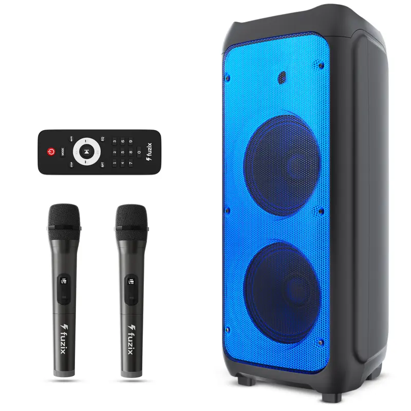Fuzix Nova Portable Rechargeable Bluetooth Party Speaker - Wireless Audio Device with 2 Wireless Mics, Beatsync LED Light, Dynamic Lights, FM Radio, USB, Micro SD Card, Remote Control, Battery-Powered Karaoke System