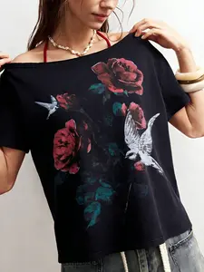 Women's Bohemian Asymmetrical Neck Knit Loose Casual T-Shirt, Trendy Vacation Style, Pure Color, Comfortable and Stylish