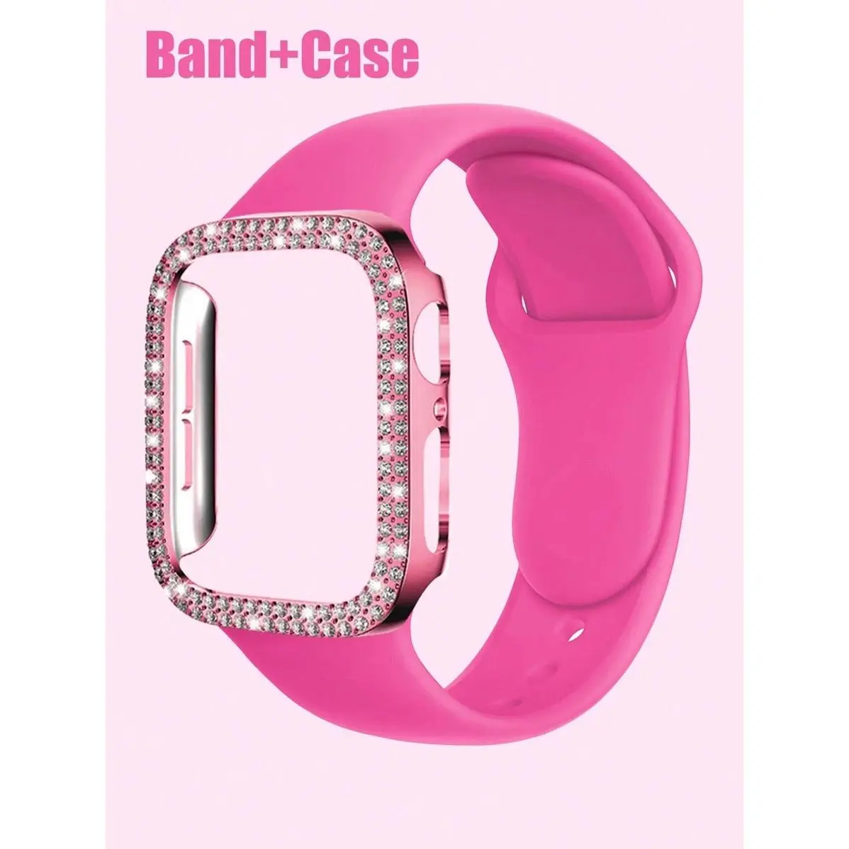 Women's Bling Rhinestone Smart Watch Band with Protective Diamond Bumper Case - Pink Silicone Sporty Strap, Multi-Size Diamond Edge Smartwatch Accessories for 38/40/41/42/44/45/46/49mm iWatch Wearables