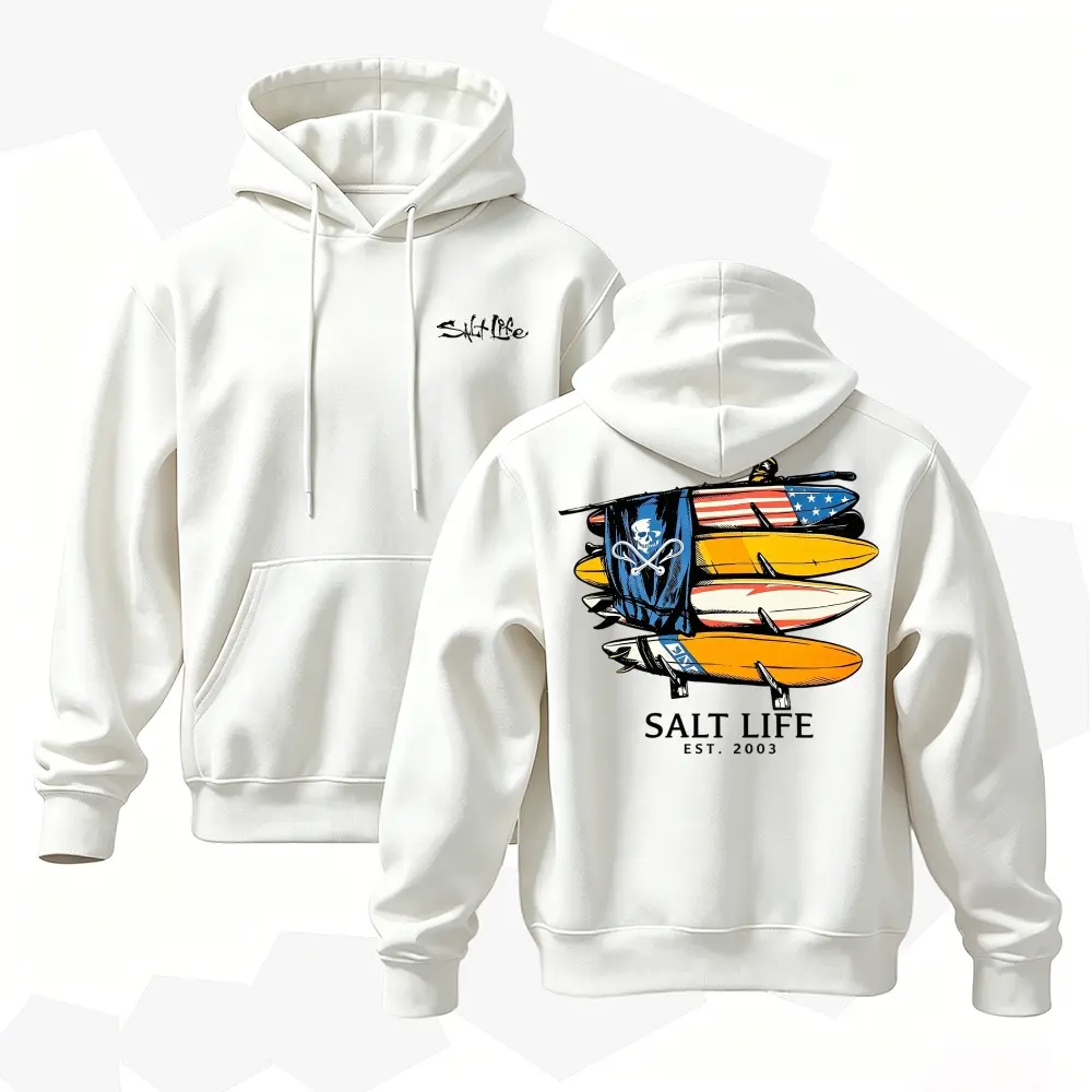 Vintage Style Drawstring Hoodie Stacked Surf Board & Flag Print Men Streetwear