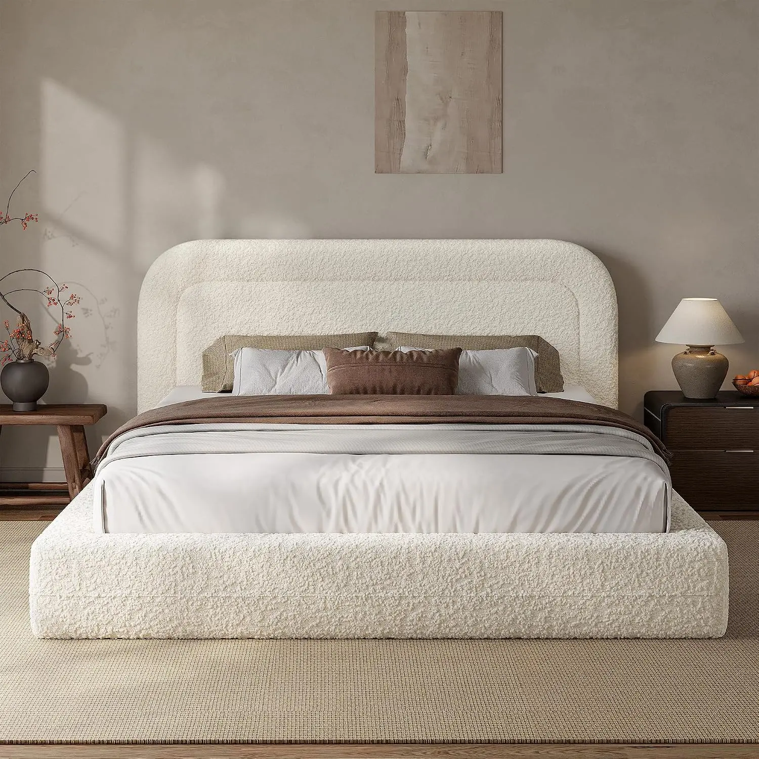 Homkdom Queen Size Cloud Bed Frame - 5.1" Headboard, Boucle Fabric, Fully Cushioned Foam, Low Profile, Contemporary, Queen Fit, Easy Assembly, Box Spring Included, Beige for Minimalist Active Homes