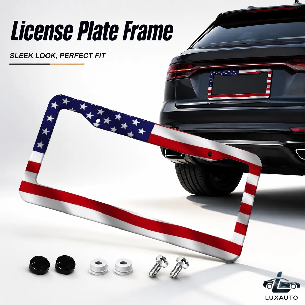 Stars & Stripes License Plate Frame, US Flag Metal License Plate Frame, Aluminum License Plate Holder with Mounting Hardware, Universal Metal Car Tag Frame for Cars, SUVs & Trucks, 12.2 x 6.3 Inch