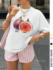 Women's Cute Graphic Fruit Print Short Sleeve Fitted T-Shirt, Casual Fashion Trendy Youthful Vitality, Comfort Streetwear for Outdoor Stars