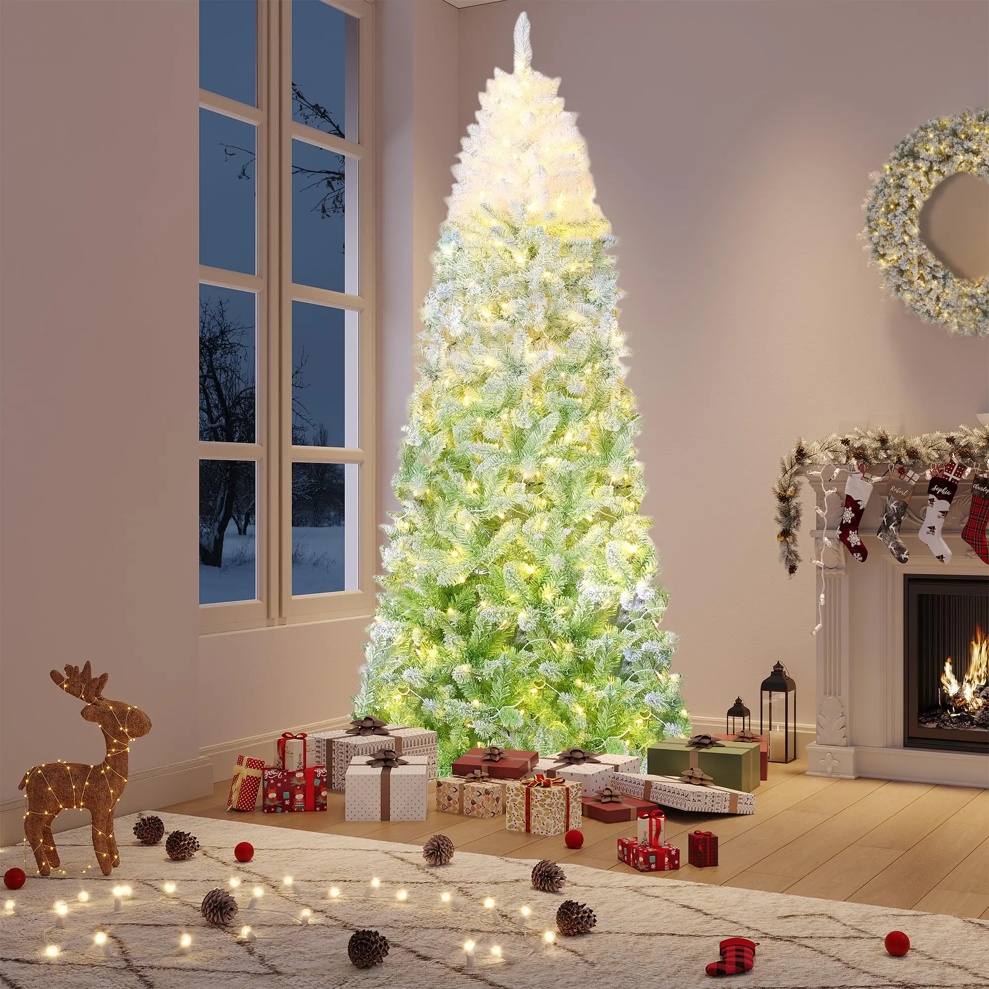 6 ft Prelit Christmas Tree with Lights, Snow Flocked Artificial Skinny Pencil Tree, Foldable Base, Xmas Decor for Home Party Office Holiday