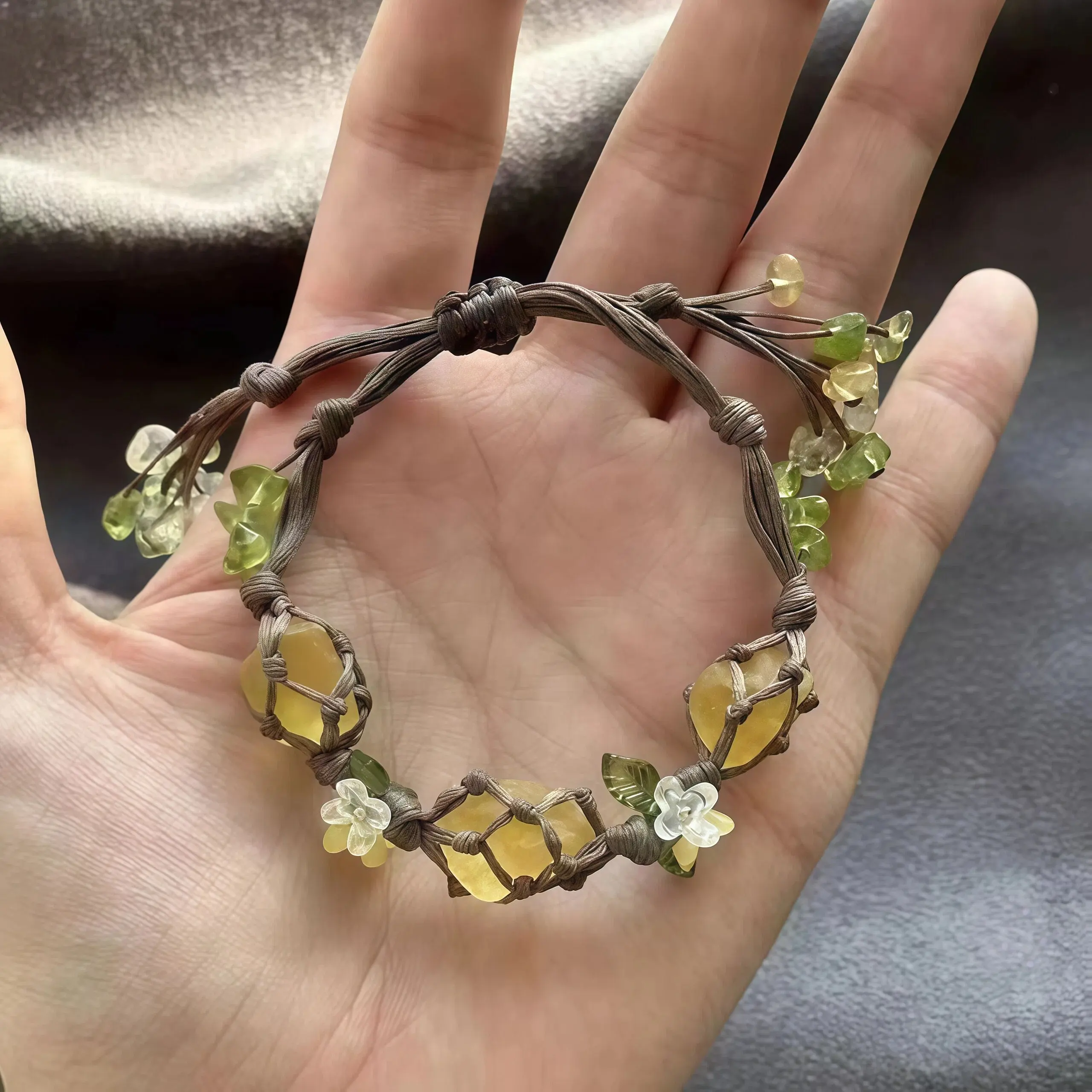 Natural Fluorite Macrame Bracelet with Geometric Plant Floral Tree Design, Hand-Woven Adjustable Unisex Daily Jewelry, Exquisite Plant Floral Element, Handcraft, Hand Woven Macrame Rope, Geometric Tree Shape