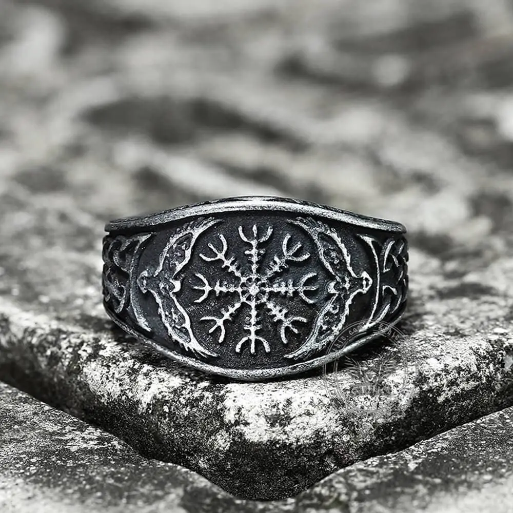 GTHIC Unisex Hypoallergenic Stainless Steel Ethnic Norse Helm of Awe Eagle Symbol Viking Ring, 14.5mm, 2.5mm, Celtic Knot, Geometric Eye Design, Vintage Adult Jewelry Accessory, Birthday Gift