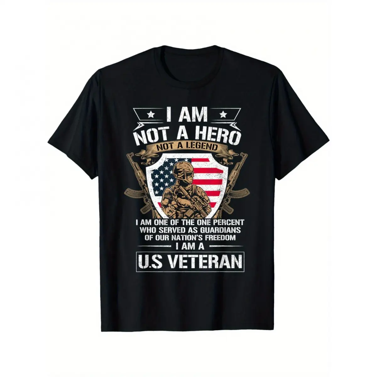 Patriotic US Veteran T-Shirt - "I Am Not a Hero, I Am a U.S. Veteran" Graphic with American Flag & Soldier Silhouette - Black Round Neck Tee for - Machine Washable, Military Apparel |       Bold Statement ShirtUnisex Crew neck T-shirt for Men And Women