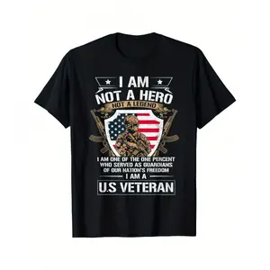 Patriotic US Veteran T-Shirt - "I Am Not a Hero, I Am a U.S. Veteran" Graphic with American Flag & Soldier Silhouette - Black Round Neck Tee for - Machine Washable, Military Apparel |     Bold Statement Shirt