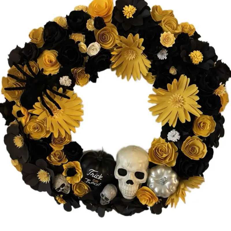 Handcrafted Paper Floral Wreath with Black Yellow White Flowers , a Spider, Pumpkins & Skeletons for Spooky Halloween Decor Decoration