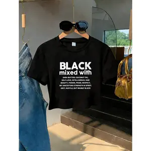Black Mixed With Statement Graphic Crop Tee Womens Short Sleeve Crewneck Casual Streetwear Soft Summer Top For Everyday Outfits
