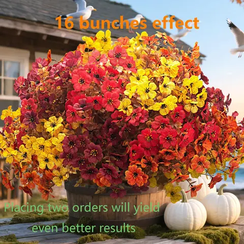 12 Bundles UV Resistant Artificial Fall Flowers for Outdoor - No Maintenance Thanksgiving Fake Floral Decor with Orange Blooms, Faux Silk & Plastic Plants, Fake Flower Plants for Porch, Yard Floral Decoration (Fall Coffee Mix)