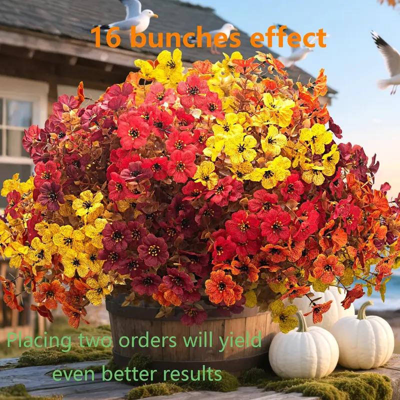 12 Bundles UV Resistant Artificial Fall Flowers for Outdoor - No Maintenance Thanksgiving Fake Floral Decor with Orange Blooms, Faux Silk & Plastic Plants, Fake Flower Plants for Porch, Yard Floral Decoration (Fall Coffee Mix)