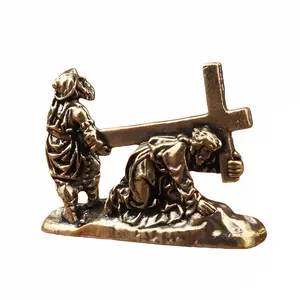Vintage Brass Jesus Back Cross Figurine, Christian Desktop Decoration, Antique Religious Statue, Home Office Prayer Craft, Catholic Faith Art Gift