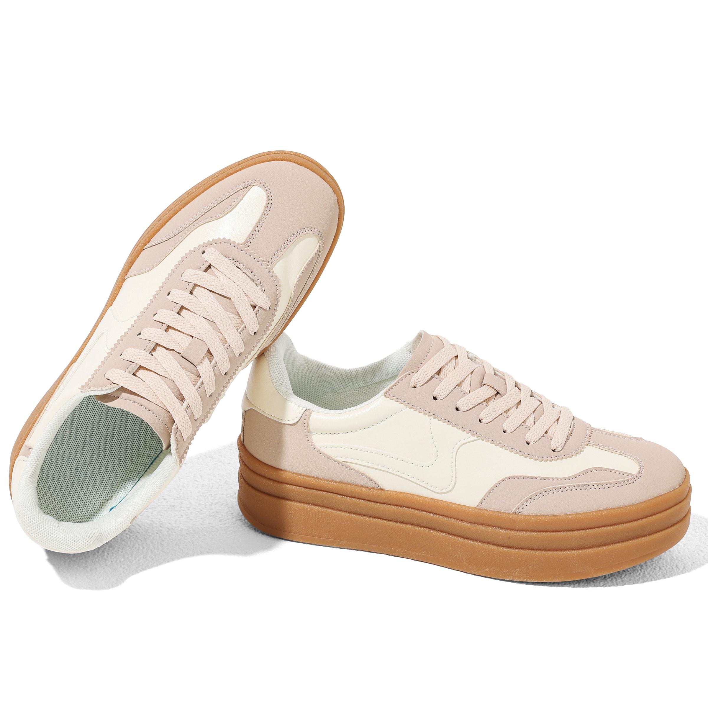 Womens Fashion Platform Sneaker Round toe Colorblock Trainer Classic Walking Shoe Chunky Platform Heel Vintage leature Lace up Thick Sole Comfortable tennis Outdoor Casual Streetwear shoe