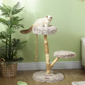 Modern Cat Tree 35" High with Wooden Scratching Posts and Jute Rope, Includes Plush Cat Bed, Hanging Rope Toy and Perch, Brown, for Small Indoor Cats Under 10 lbs, 19.7" Diameter x 35.4" Height