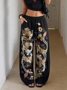 Men Women Dragon Phoenix Print Pants, Casual Loose Fit Drawstring Waist, Long Straight Leg, Y2K Style, Holiday Party Wear