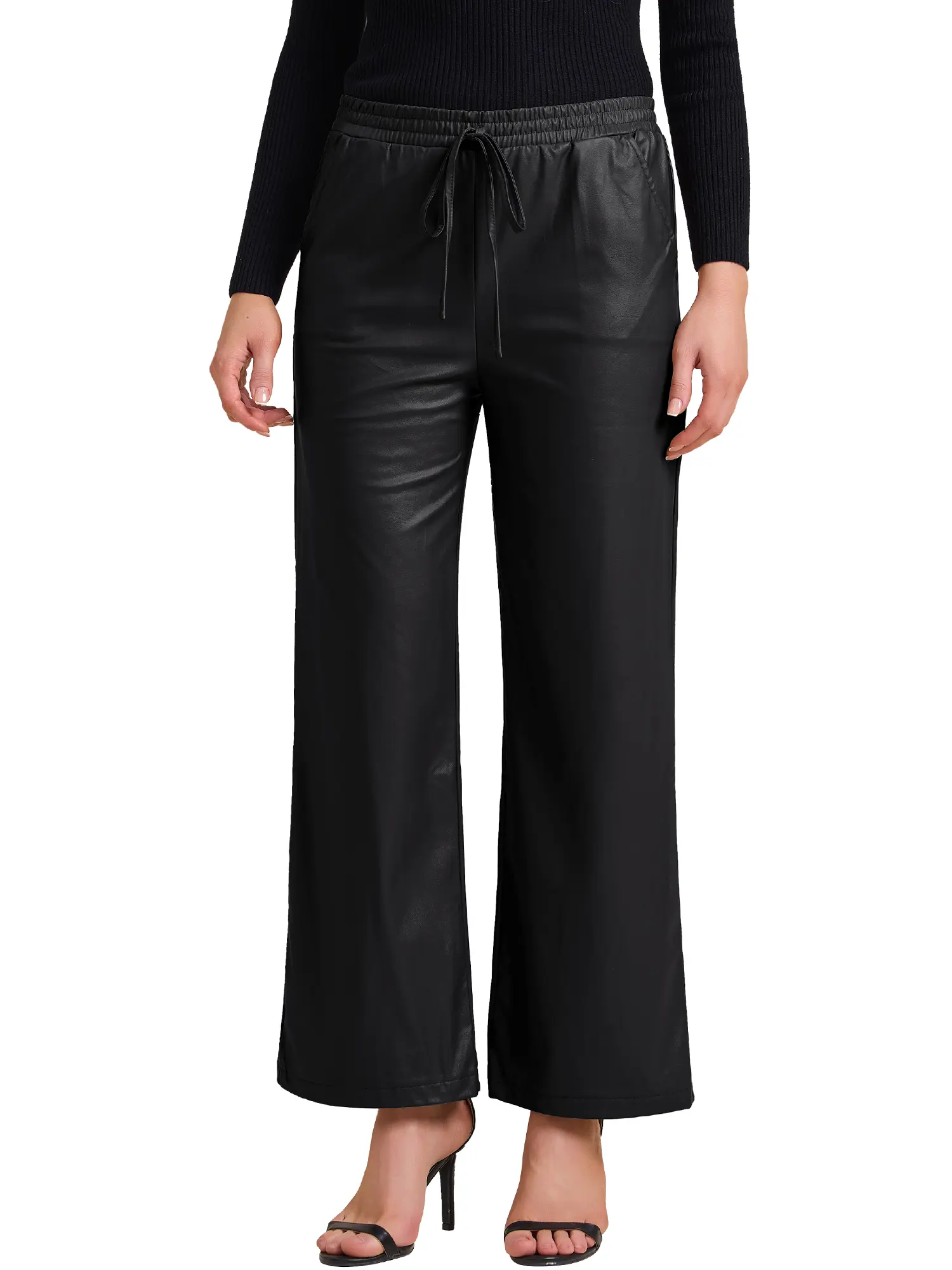 INSPIRE CHIC Women's Faux Leather Pants High Waist Straight Leg PU Trousers Pant with Pockets