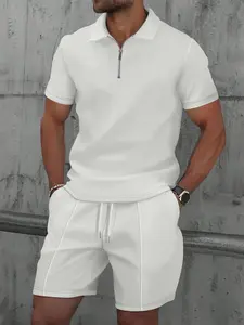 Men's Summer Vacation Casual Set, Waffle Half-Zip Polo Shirt, Drawstring Shorts, Two-Piece, Comfortable and Stylish, Menswear Outfit
