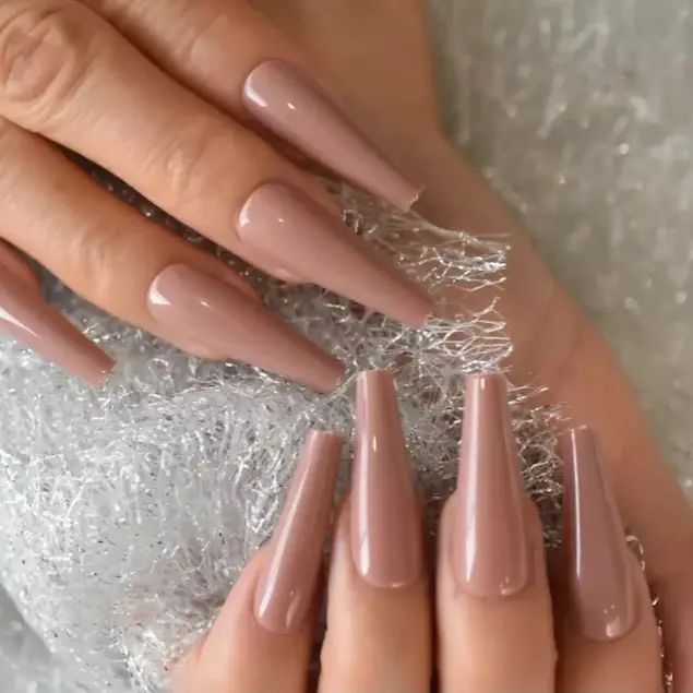 24pcs Deep Nude Pure Color Ballerina Long Coffin Glossy Fake Nails Press on Nail False Tips Manicure for Women and Girls