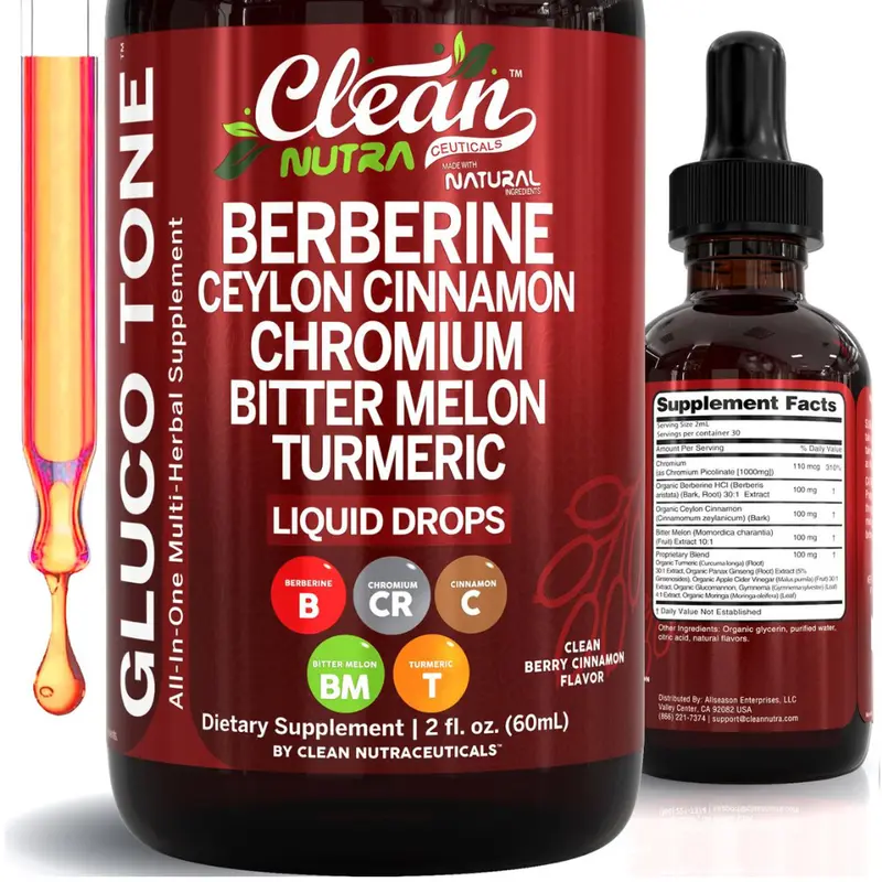 Clean Nutra Berberine, Ceylon Cinnamon, Chromium, Bitter Melon, Turmeric, Glucomannan, Gymnema & More for Natural Wellness Liquid Drop – Gluco Tone