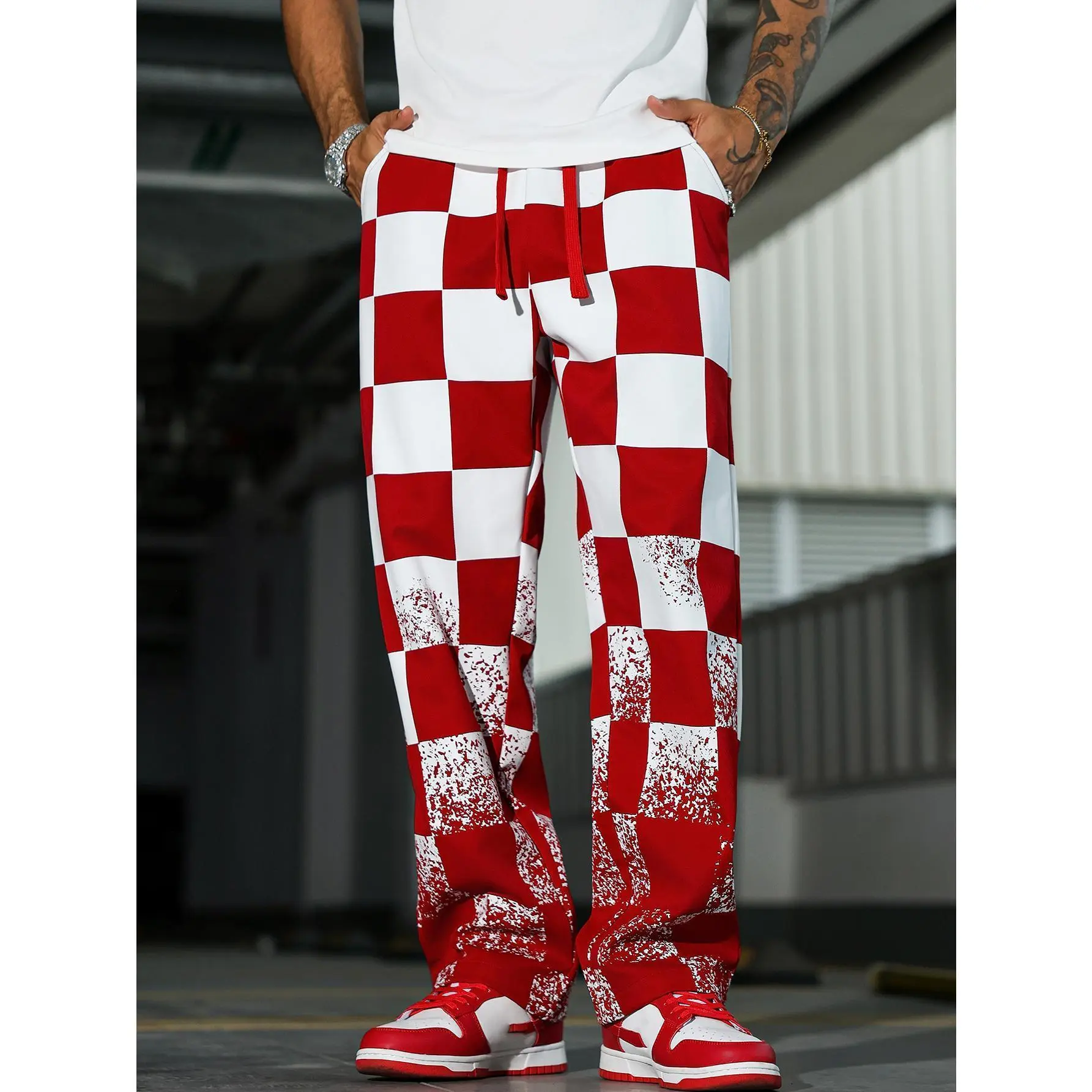 Y2K Checkered Wide-Leg Pants | Red & White Splatter Streetwear Bottoms