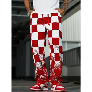 Y2K Checkered Wide-Leg Pants | Red & White Splatter Streetwear Bottoms