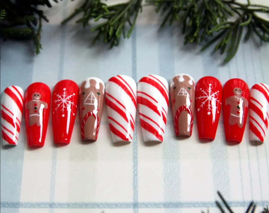Gingerbread Christmas Press On Nails, Candy Cane Snowflake Red Coffin Nails, Cute Holiday Cookie Winter Nail Set