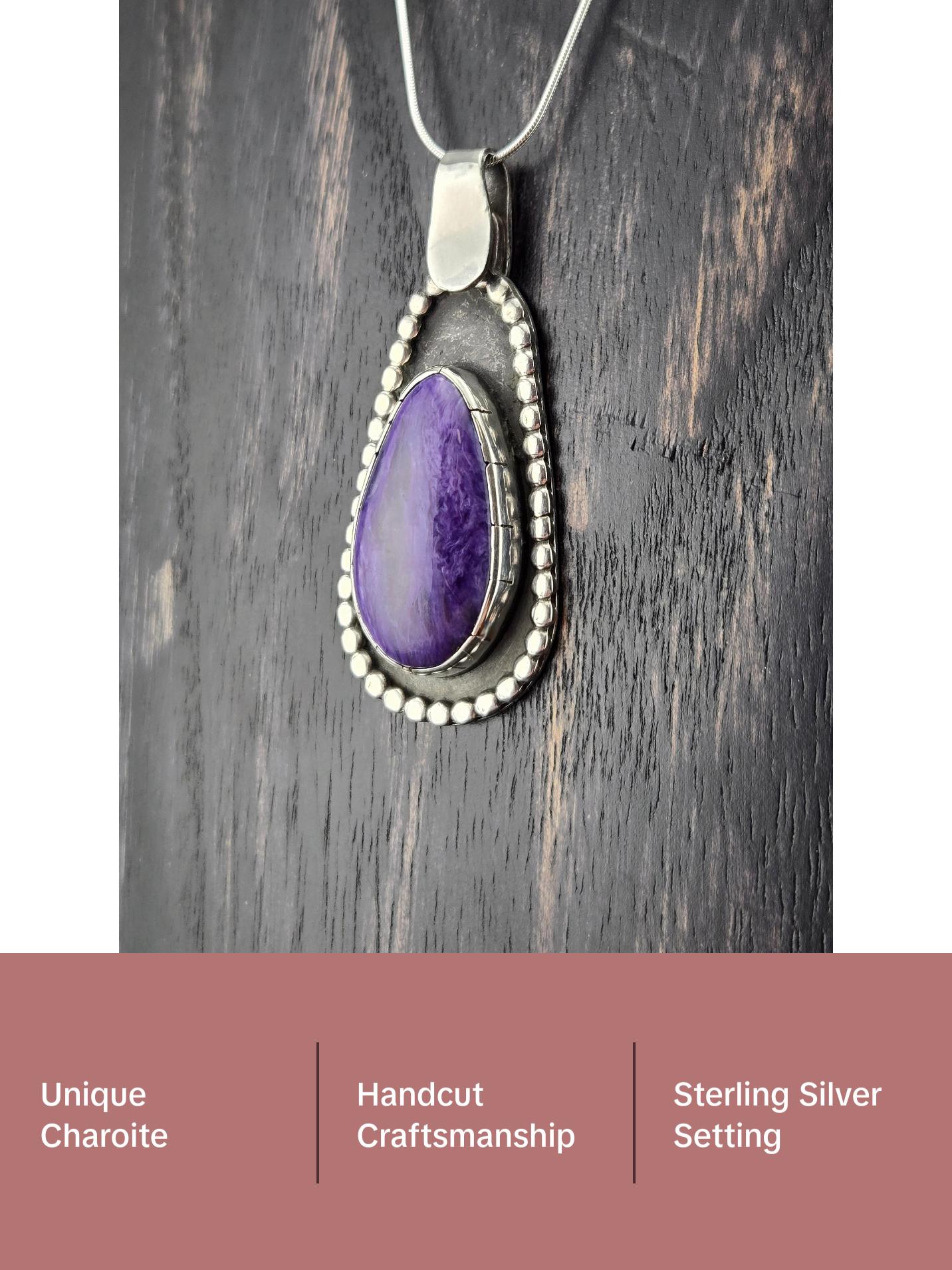 Handcut Charoite Pendant in .925 Sterling Silver