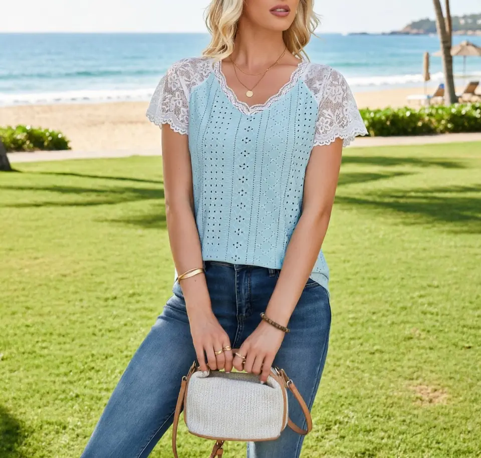 Women's Casual Solid Color V-Neck Loose-Fit Pullover T-Shirt, Short Raglan Sleeves, Floral Lace Accents, Eyelet Lace Panel Detail Summer Womenswear Top