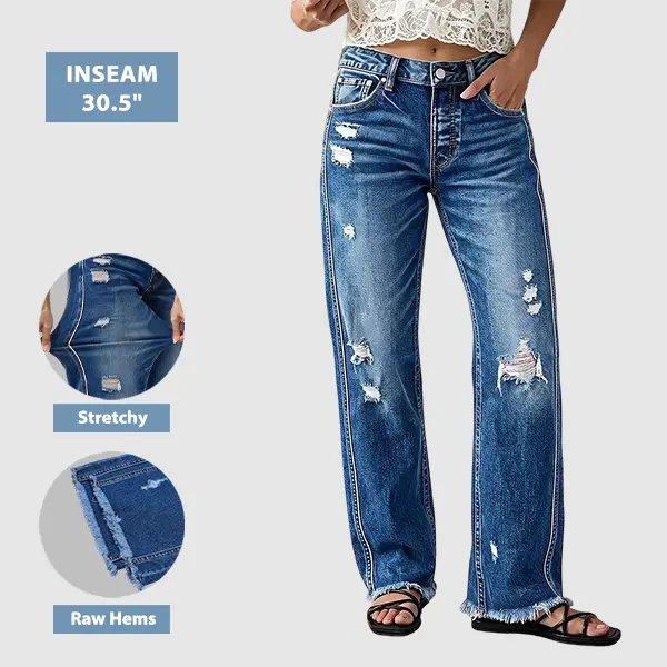 Flamingals Wash Raw Hem Ripped Mid Waist Straight Leg Jeans Stretchy 30.5'' Inseam