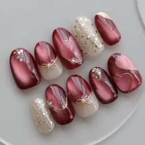 Handmade Press On Oval Cat Eye Heart Full Cover False Nails, Sparkle and Bow Accents, Fashionable and Elegant, Perfect for Parties and Daily Wear