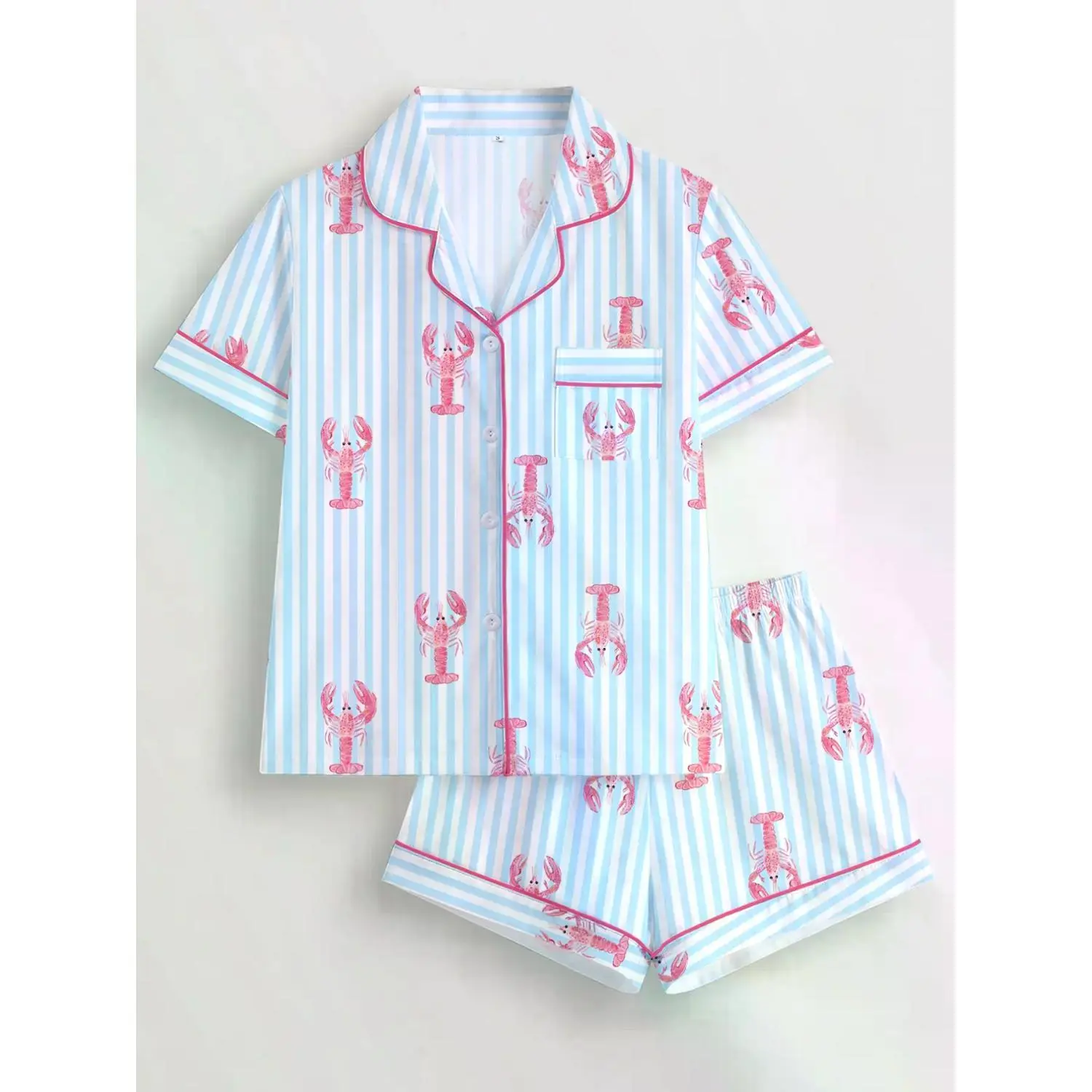 Striped Lobster Print Women's Pajama Set - Short Sleeve Button-Up Shirt and Elastic Shorts, Cozy Casual Sleepwear