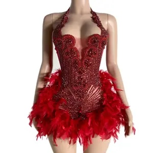 Feather Diamond Sexy Grows Mini Dress Rhinestone Luxury Dresses red minidress party maxi