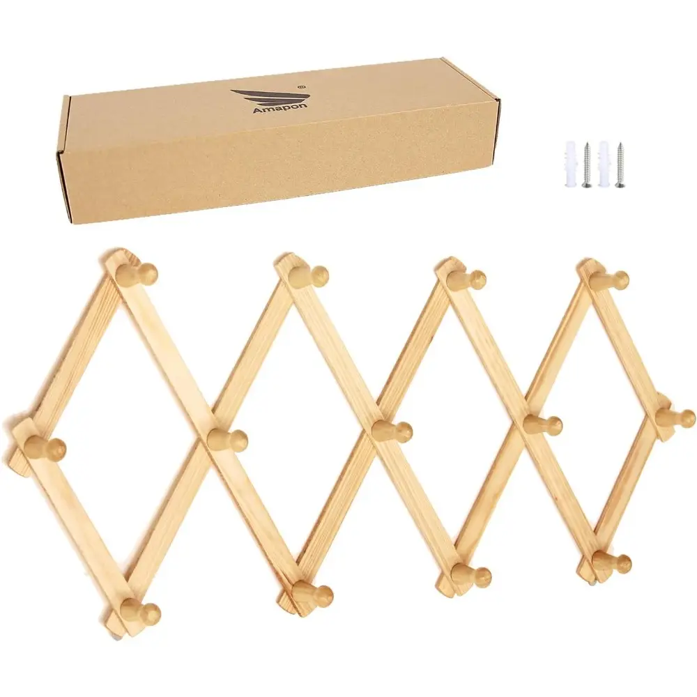 Classic Accordion-Style Expandable Wooden Wall Coat Rack with 13 Brass Hooks - Screw-Mounted Waterproof Hanging Shelf for Home Decor, Holds Hats, Jackets, Mugs, Purses, Necklaces, Towels, Leashes, Scarves, Data Lines, Kitchenware, Shelves, Wall Mount, Stu
