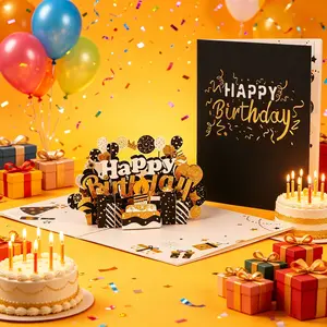 Black Gold 3D Pop Up Birthday Card, Luxury Happy Birthday Greeting Card with Envelope, Elegant Pop-Up Cake & Balloon Design, Perfect Birthday Gift Card for Men Women, Husband, Wife, Friend-2pcs tiktokshopspringglowup